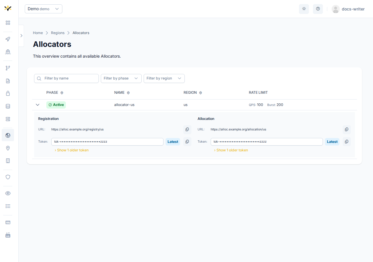Expanded allocator row showing the Registry and Allocation endpoint sections with masked tokens