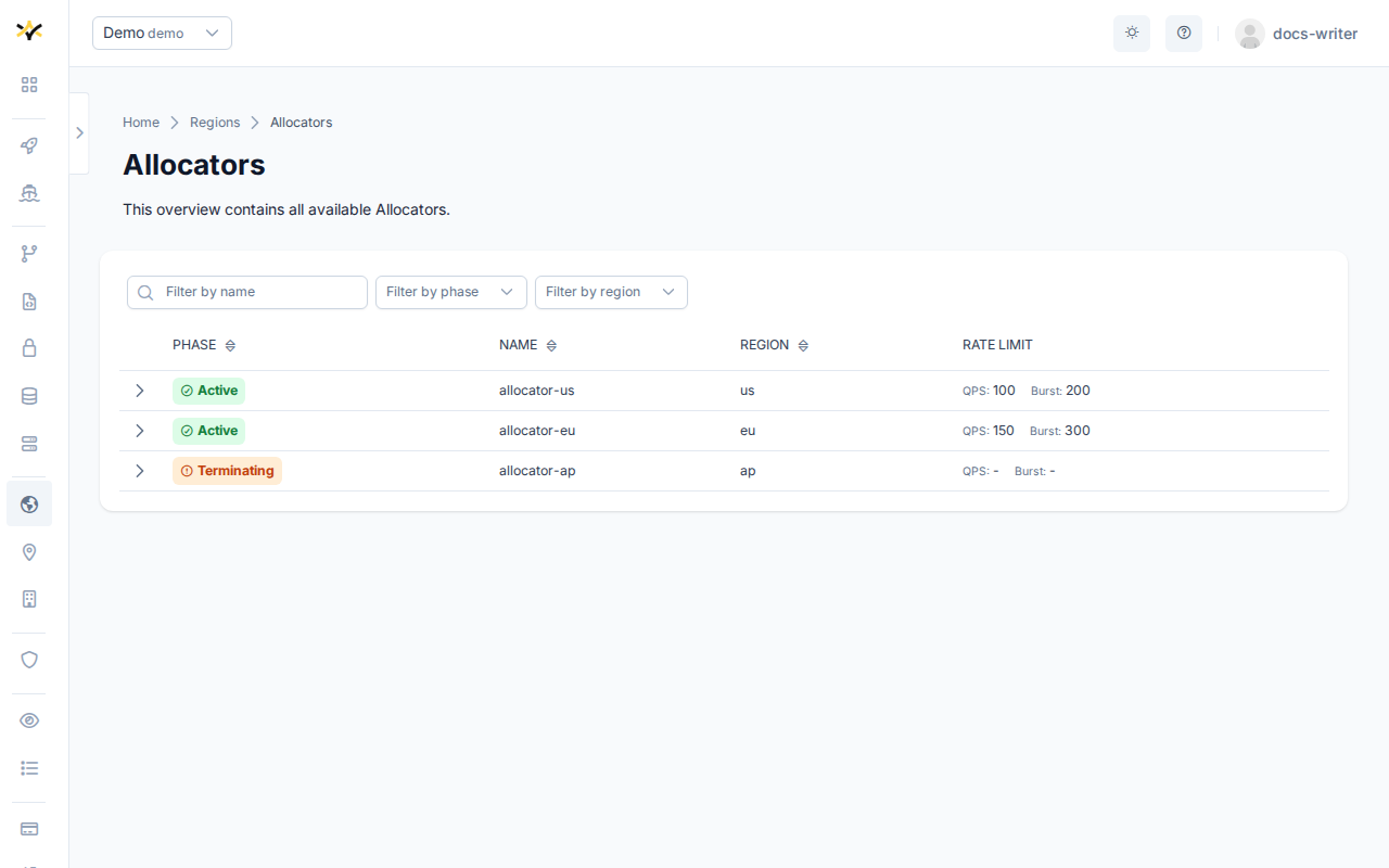 Allocators page showing the table with phase, name, region, and rate limit columns