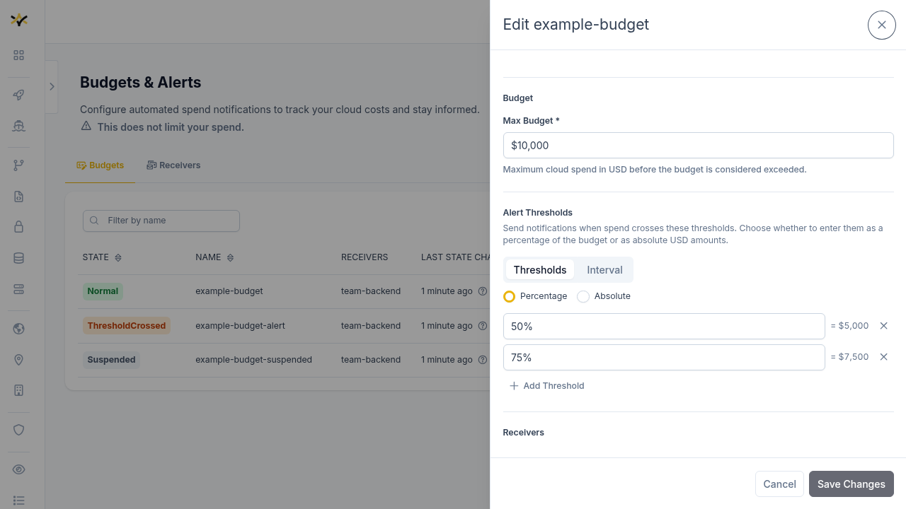 Create/edit budget form showing the None, Specific amounts, and Interval threshold strategy options
