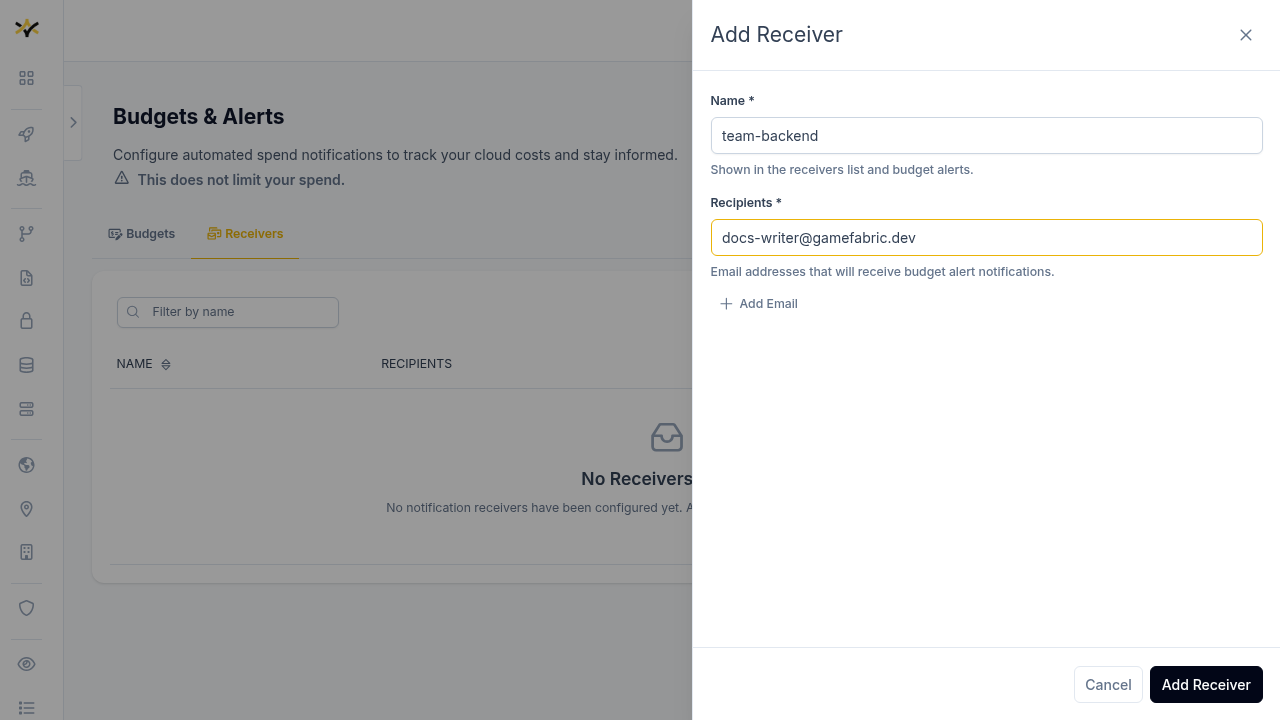 Add receiver form with a name field and an email recipients field