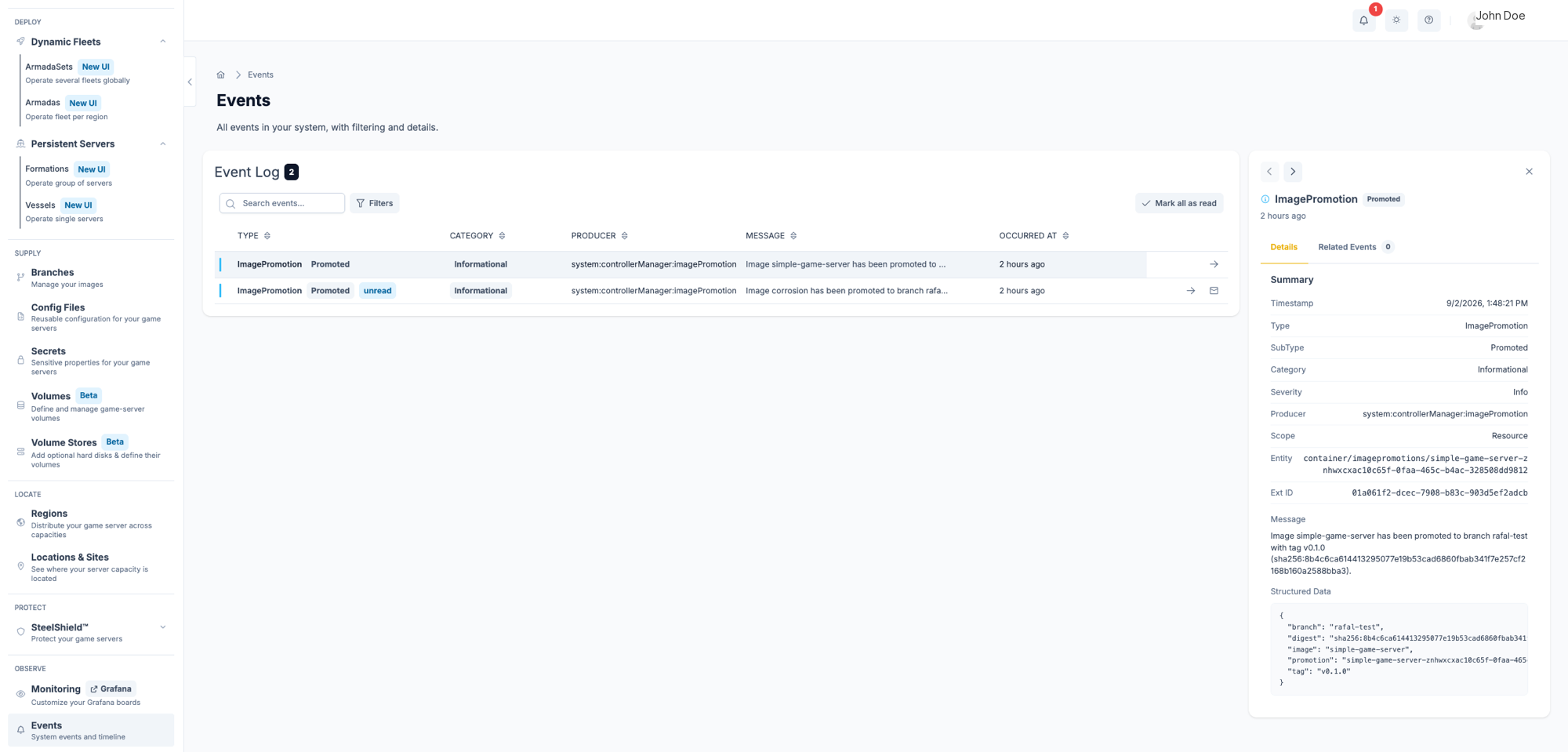 The Events page showing the Event Log table with two events and the detail panel open on the right