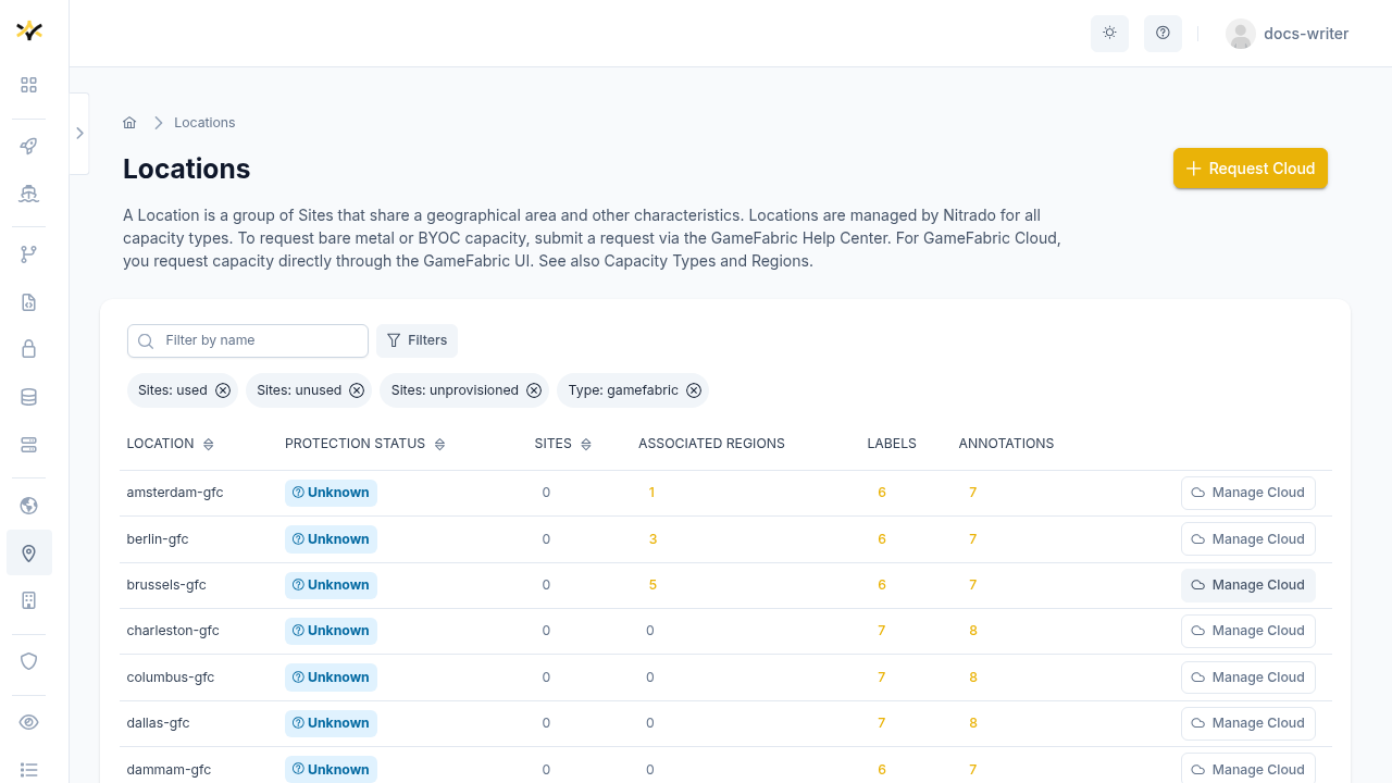 Locations list showing managed Location rows with the "Manage Cloud" button and the "Request Cloud" button in the page header