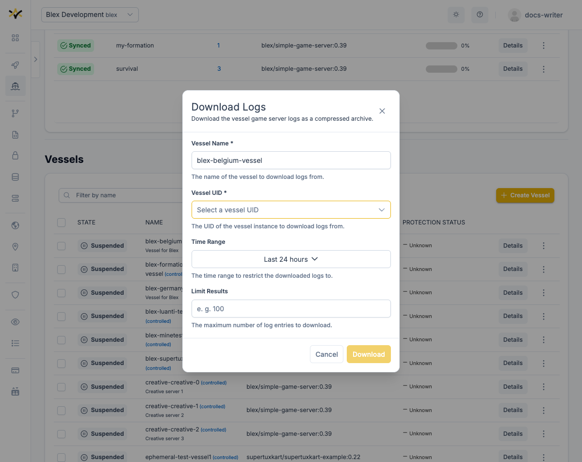 Screenshot of the Download Logs dialog for a Vessel, showing the form fields