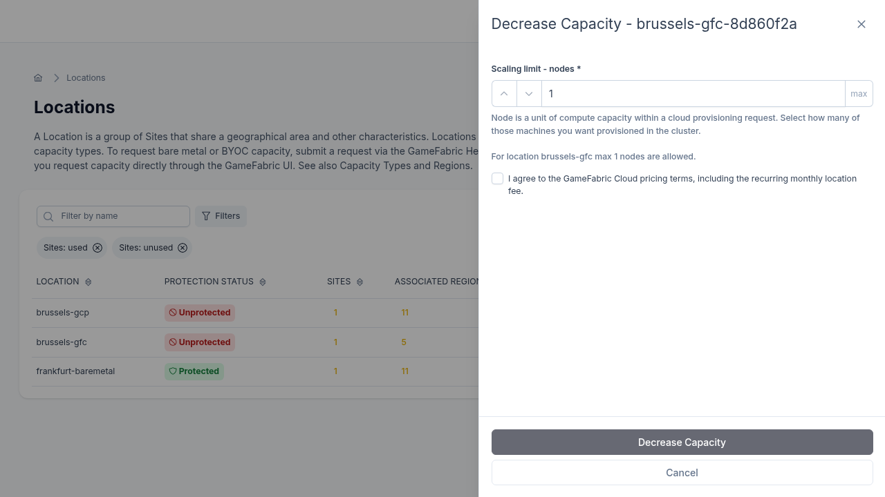 Downsize form showing the node count stepper and pricing terms checkbox