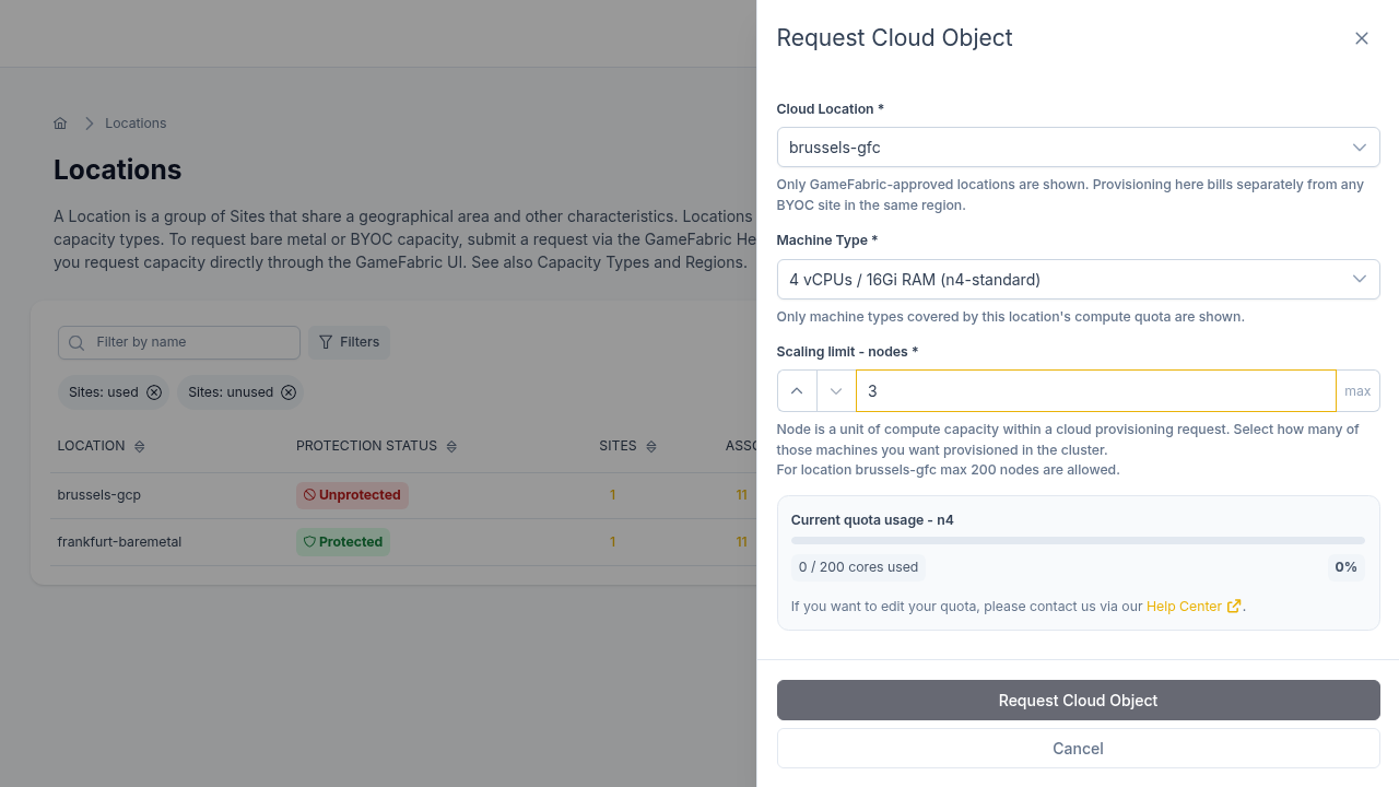 Request Cloud Location form showing the location selector, machine type selector, node count input, and pricing terms acknowledgement checkbox