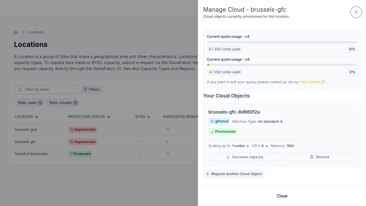 Manage Cloud drawer showing a Cloud Location card with its state tag, machine type details, and Decrease capacity and Remove action buttons