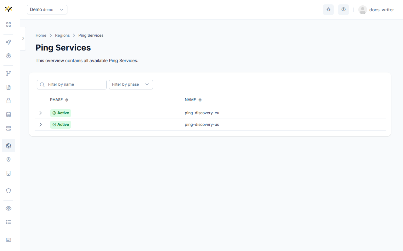 Ping Services page showing the table with phase and name columns