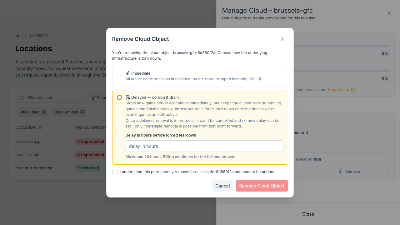 Remove Cloud Location dialog showing the Immediate and Delayed deprovisioning options, the delay hours input (with Delayed selected), and the consent checkbox
