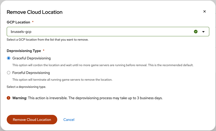 "Remove Cloud Location" dialog