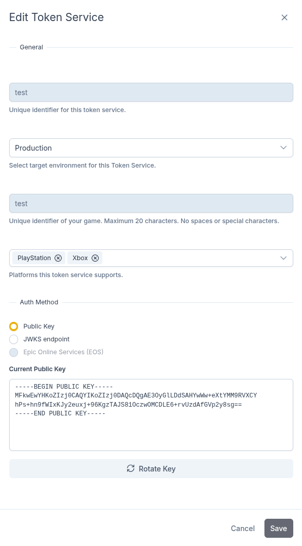 Wizard page for editing Token Services