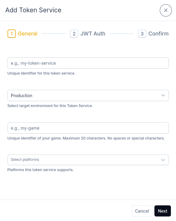 General tab: Name, Environment, Game Identifier, and Platforms fields