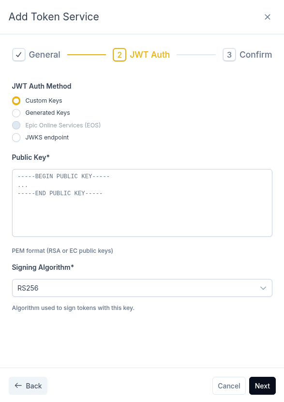 JWT Auth tab: select an authentication method and configure it